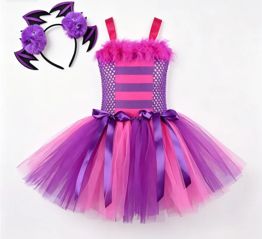 Children Purple Pink Color Block Cute Bat Style Soft Breathable Spaghetti Strap Tutu Dress Halloween Party Stage Performance Set