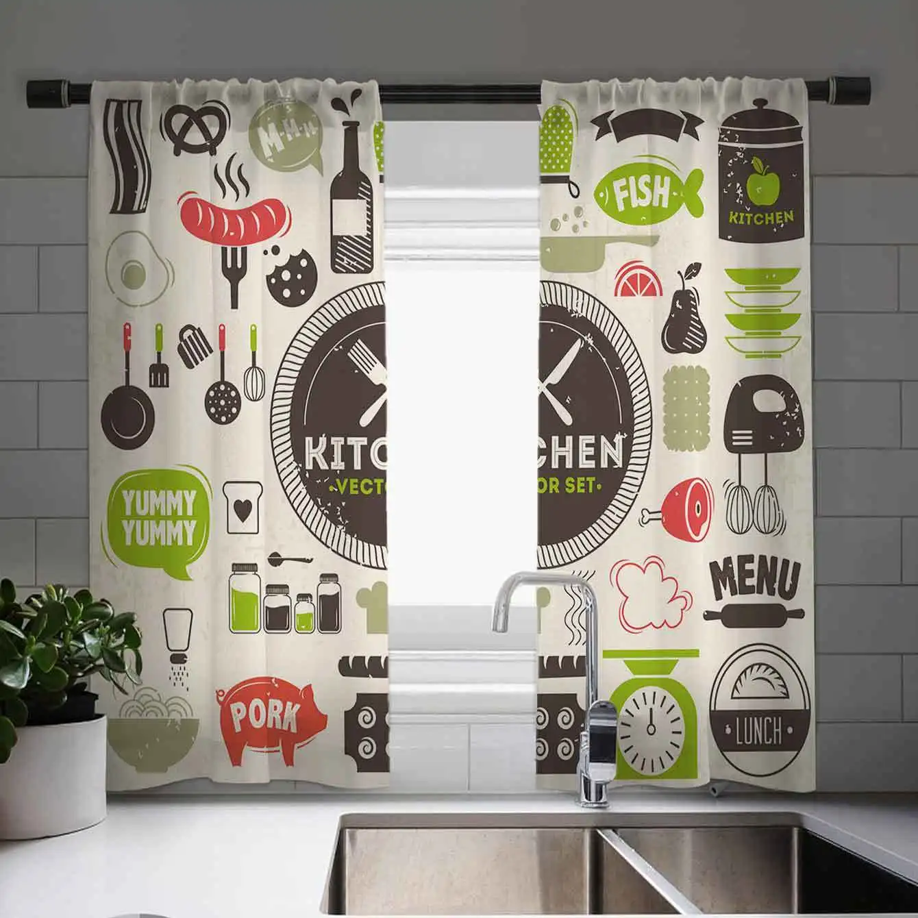 

Kitchenware Printed Curtains Kitchen Semi-blackout Curtains Coffee Curtains Kitchen Blinds Window cortinas 2 panels Rod Pocket