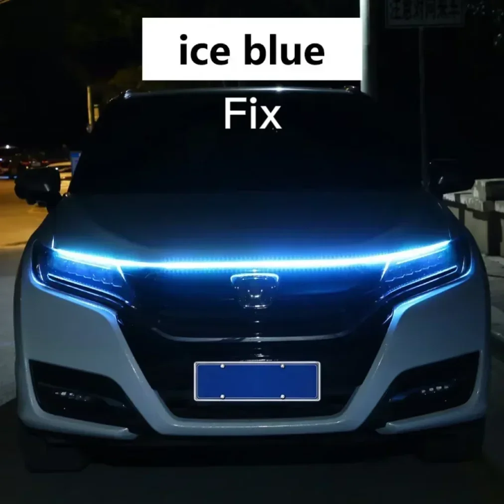 Neue LED Auto Haube Dekorative Licht Streifen Mit Start Scan Meteor Dynamische Auto Tagfahrlicht Mit Blinker Lampe 12V