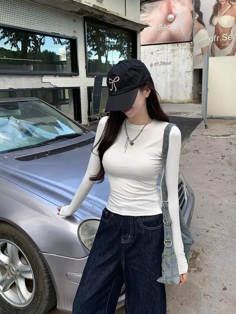 Tees Tops 2024 Spice Girls Geknepen taille T-shirt met lange mouwen Dames Lente en herfst effen kleur slim-fit Alles-in-één basis wit