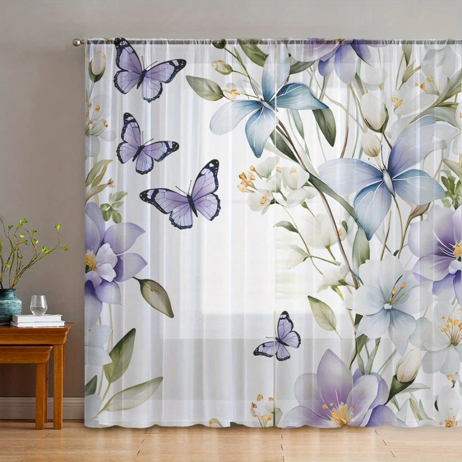 2PCS Digital Print Sheer Curtain, Purple Mist Flowers Butterflies Pattern, Dreamy Mysterious Ethereal Romantic Fairy Style Decor