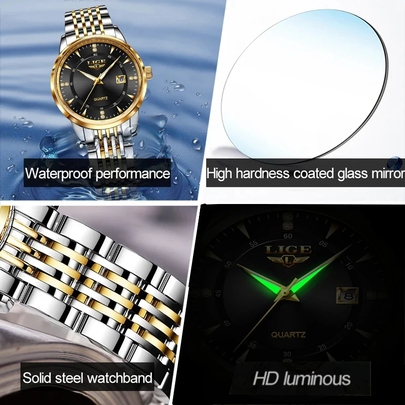 LIGE Fashion Women Watch Top Brand Luxury Waterproof Women\'s Quartz Wristwatches Casual Sports Date Chronograph Montre Femme