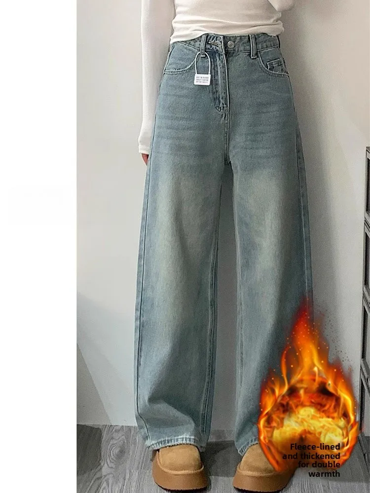 

plus Size Fleece Lined Thick Denim Jeans High Waist Straight Leg Wide Leg Pants Women's Winter Casual Wear Comfortable Fit