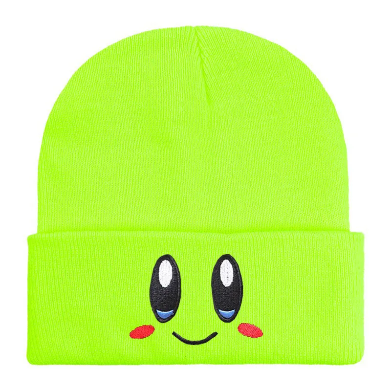 Big Eyed Smiling Face Embroidered Knitted Hat Anime Cartoon Kirbys Pink Black Cute Expression Knitted Hat Casual Hat