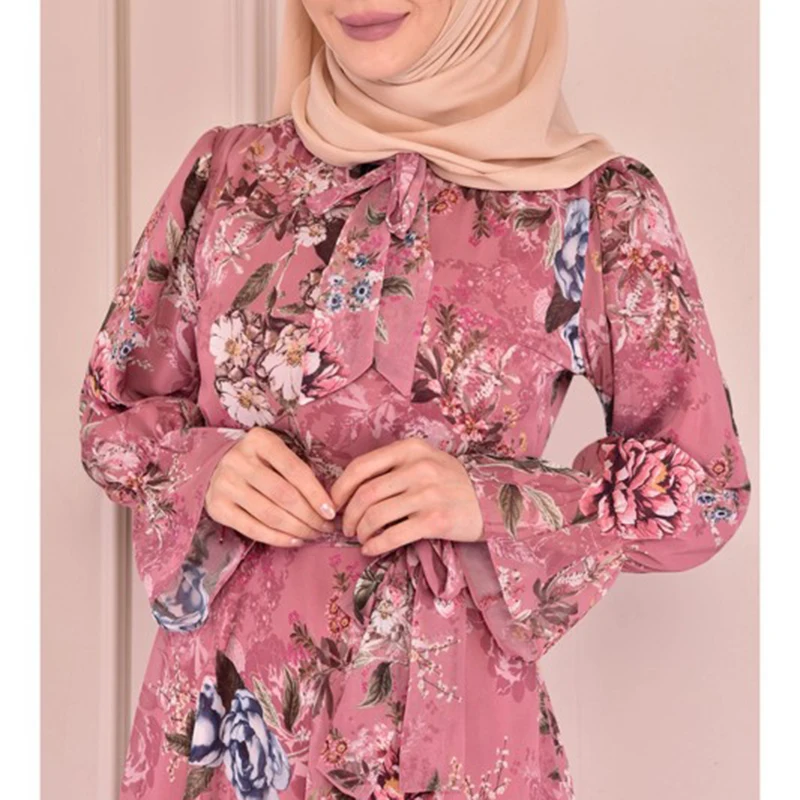 Muslim Africa Dresses For Women 2022 Bow Collar Abayas Floral Printed Micro Flare Sleeve Boho Long Robe Chiffon Temperament