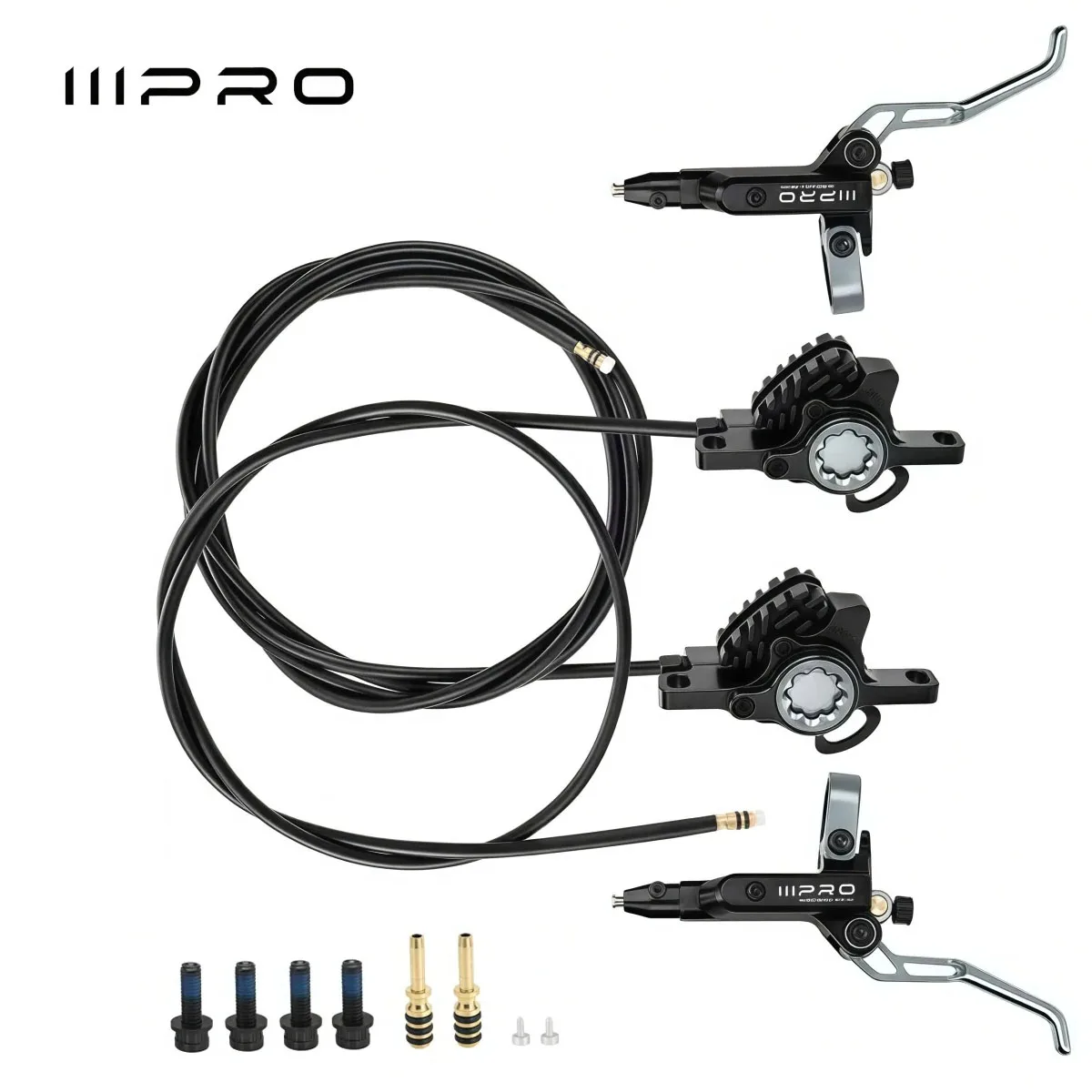 IIIPRO C5X2 MTB Hydraulisches Scheibenbremsen-Set CNC Doppelkolben-Bremssattel Werkzeuglose Schlauchmontage 940 / 1700mm Schläuche 443g (Schwarz/Silber)
