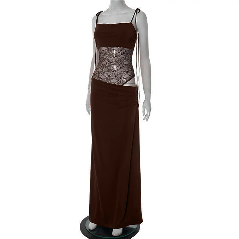 ABRT-Vestido maxi feminino com recorte de emenda de renda, gola quadrada, sem mangas, bodycon, vestido longo com espartilho transparente