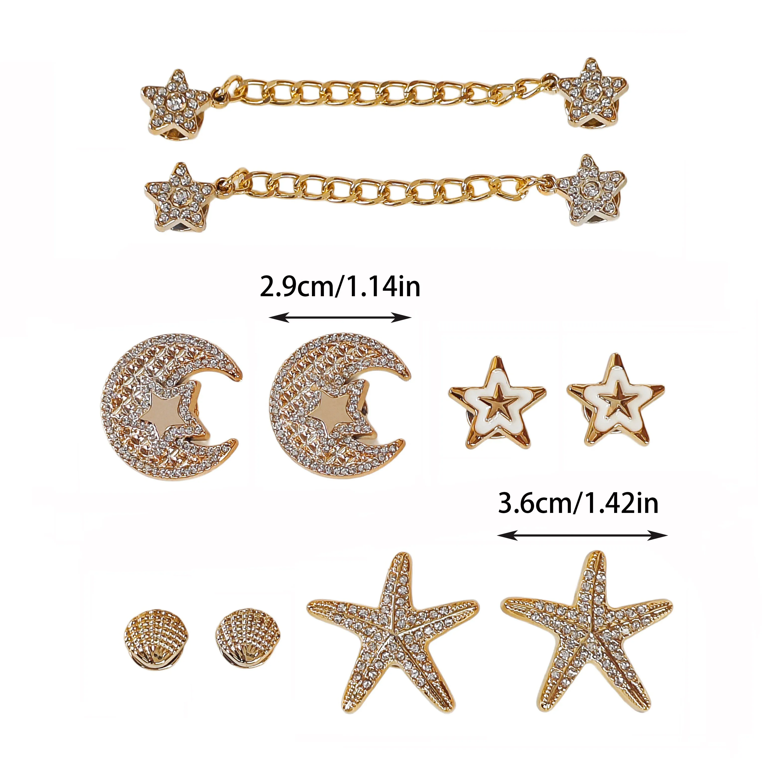 10Pcs DIY Shoe Decoration Charms Shiny Moon, Five-Pointed Star, Shell, Star Chain Decorative Buckle Non-Metal Lightweight Material Y2K Fashion Versatile Cute Personality Style for Men and Women Suitable for Eva Beach Shoes, Sandals, Removable Shoe Decoration, Holiday Gift