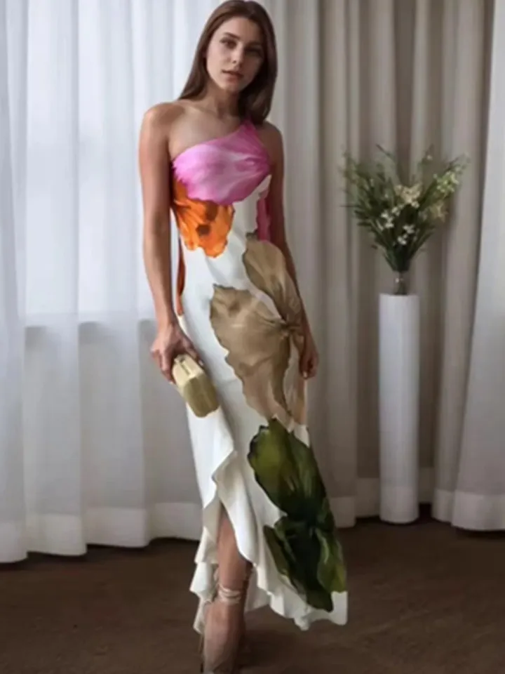 Vestido Largo de Mujer Zevity Sexy de Un Hombro con Estampado Floral, Ajustado, Elegante, Sin Espalda, con Cremallera Lateral, Fiesta, DS9198