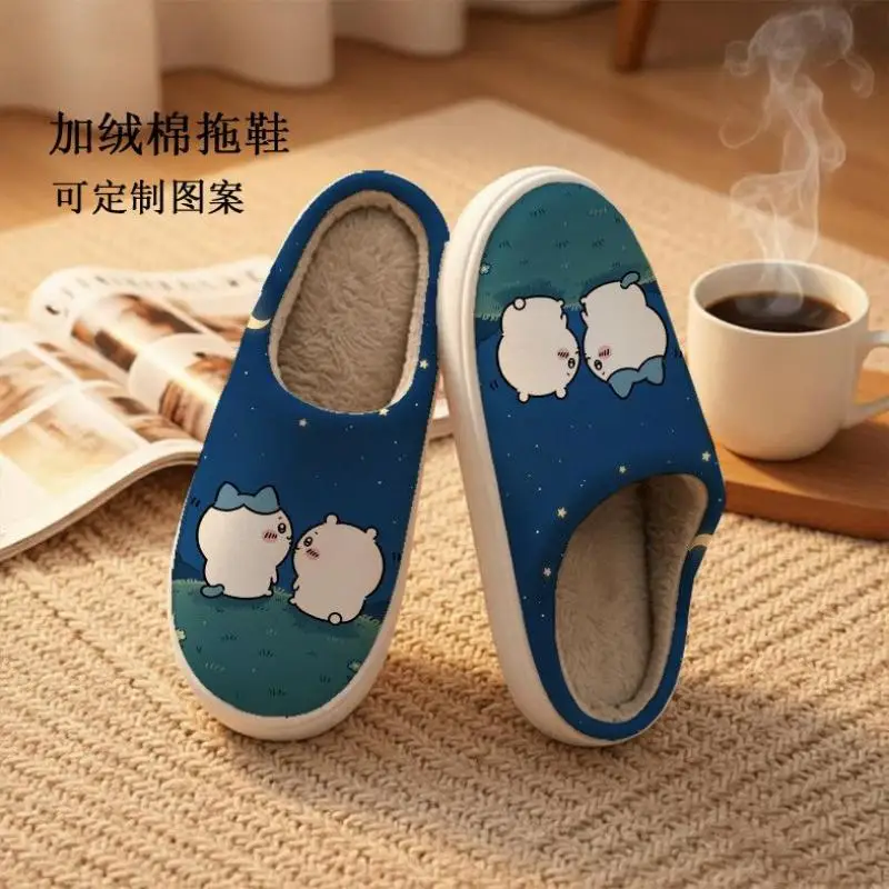 Girl Chiikawa Cotton Slippers Male Women's Velvet Keep Warm Hachiware Kawaii Cartoon Usagi Autumn Winter House Shoes Non-Slip