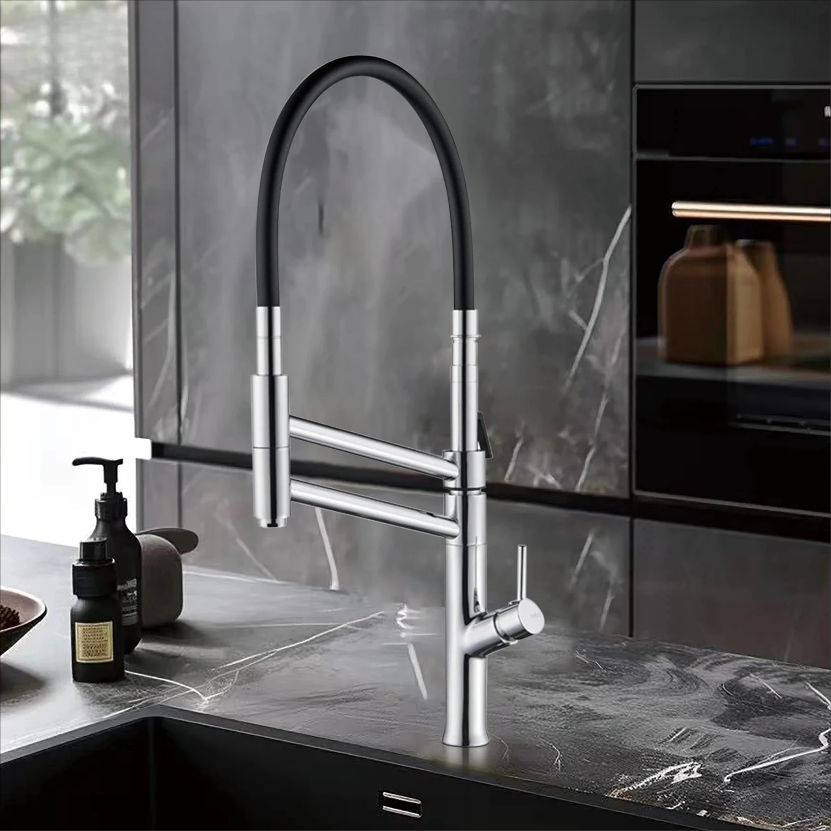 

Современный выдвижной кухонный смеситель из хромированной латуни, 2 режима распыления, керамический клапан, горячая/холодная вода, поворотный смеситель для раковины с высокой дугой на 360°