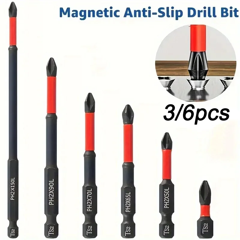 Magnetic Non-Slip Drill Bit Set 3/6Pieces, S2 Steel, Crosshead and Impact Drill Bits, Suitable for Electric and Hand Drivers