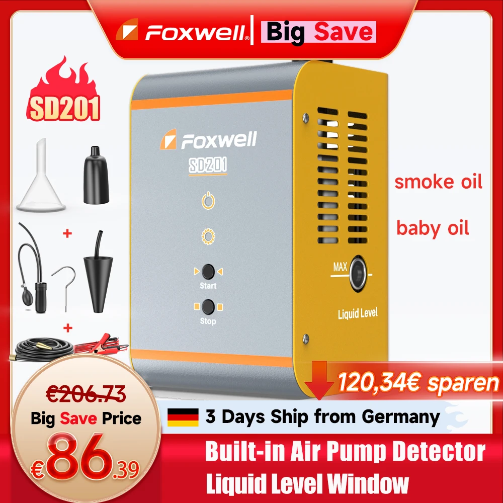 

FOXWELL SD201 Smoke Generator for Cars 12V Automotive EVAP Smoke Machine Diagnostic Tester Vacuum Fuel Pipe Oil Leak Detector