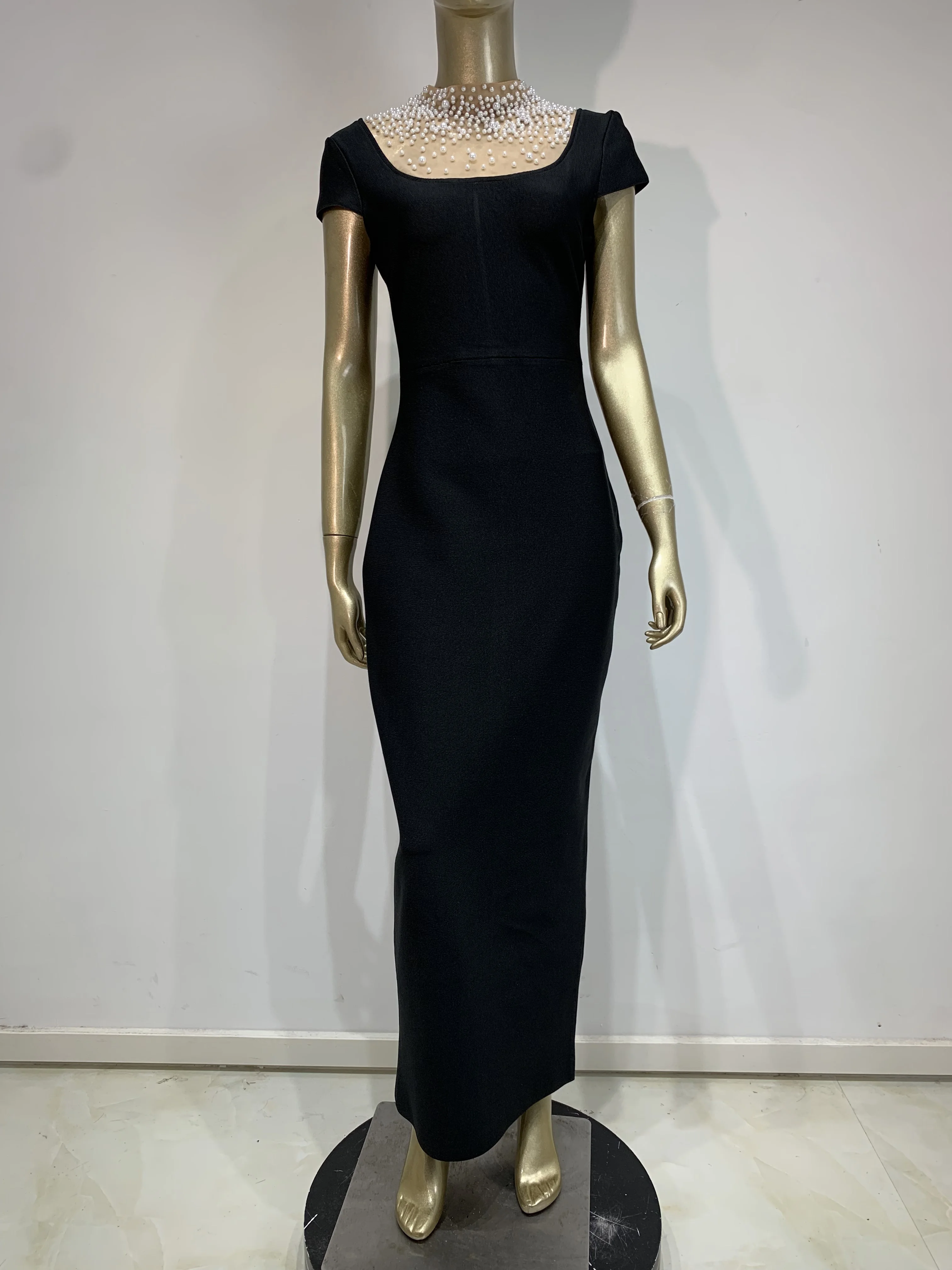 

2025 Women Summer Elegant Short Sleeve Tulle Inset Pearls Turtleneck Long Birthday Celebrity Evening Party One Piece Gala Gowns