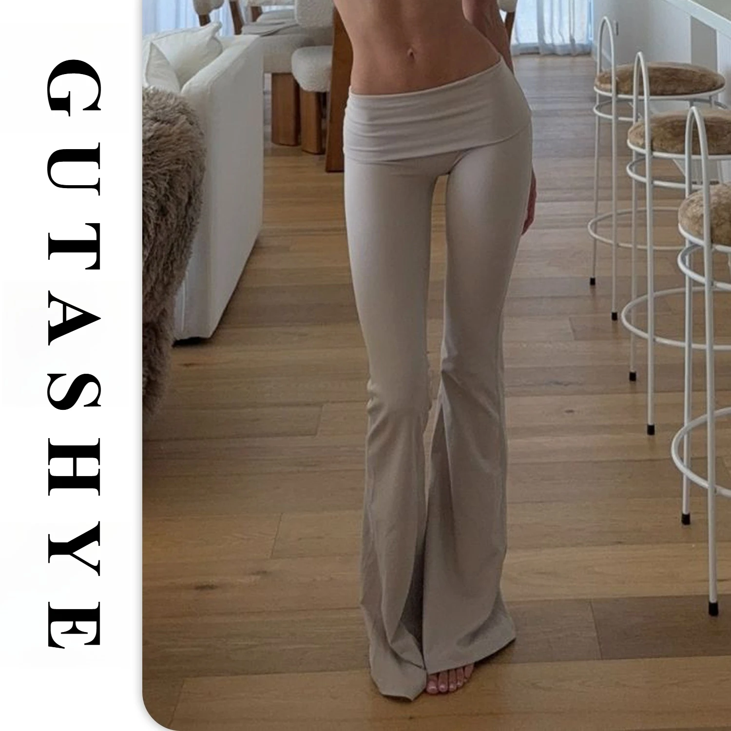 Gutashye Women Roll Down Waist Flare Yoga Pants High Waist Naked Feel Long Leggings For Outdoor Running Gym Workout