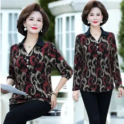 Autumn Korean Turn-down Collar Long Sleeve Tops Female Casual Commute Bright silk Printed T-shirt Pullovers Women's Clothing