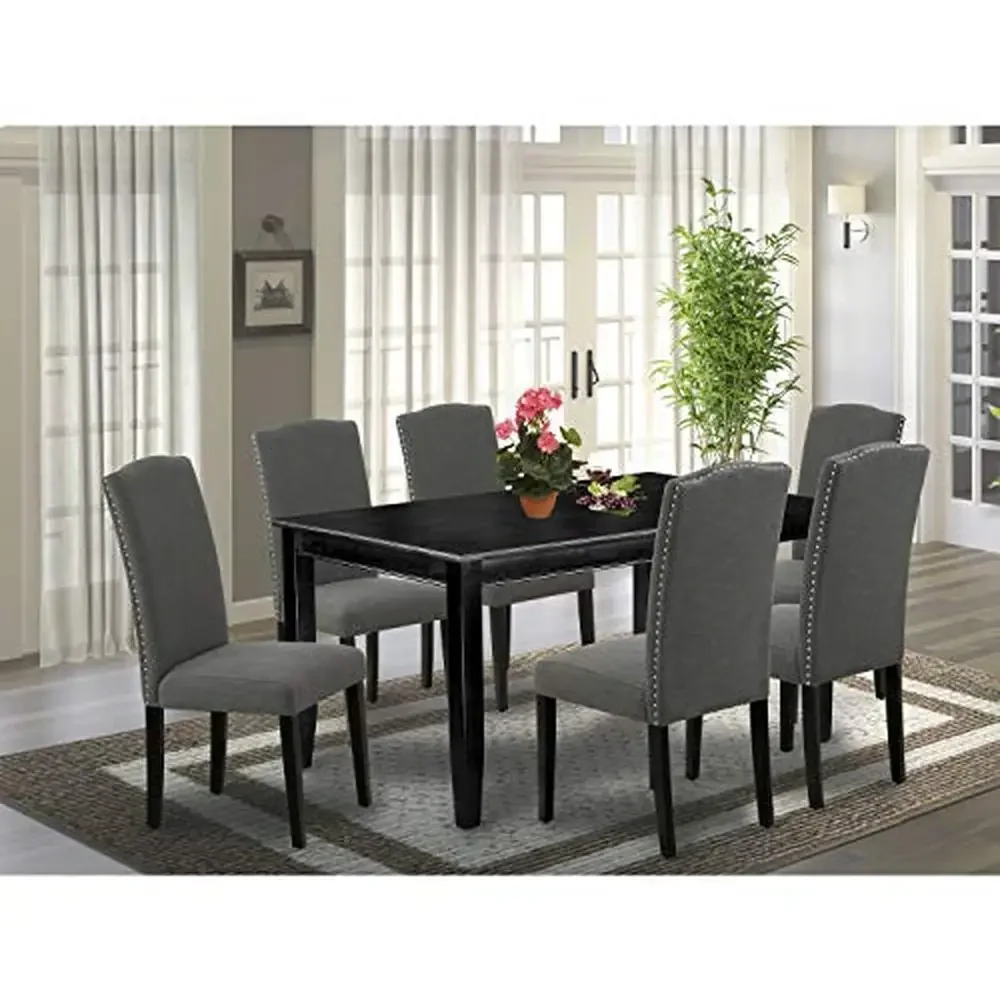 Dudley 7 Piece Dining Set 60x36 Inch Wood Table 6 Fabric Chairs Black Goth Linen Glamorous Modern Dinette Kit Trendy Parson Seat