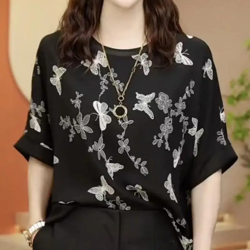 

New Summer Women's 2024 Pullover O-Neck Spliced Print Fashion Elegant Comfortable Loose Batwing Sleeve Short Sleeve Chiffon Tops