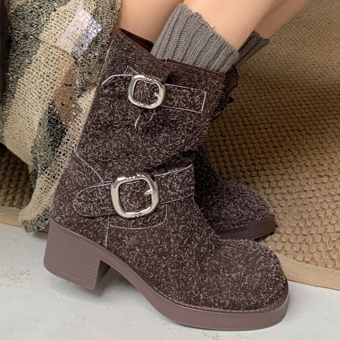 

Women's natural suede leather double metal buckle slip-on autumn ankle boots chunky heel platform female punk short booties shoe