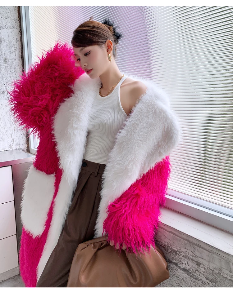 Lady Personalized Rose-red Faux Fur Coat Contrast Color Long Jacket Female Streetwear Women\'s Winter Coats Performance Costume