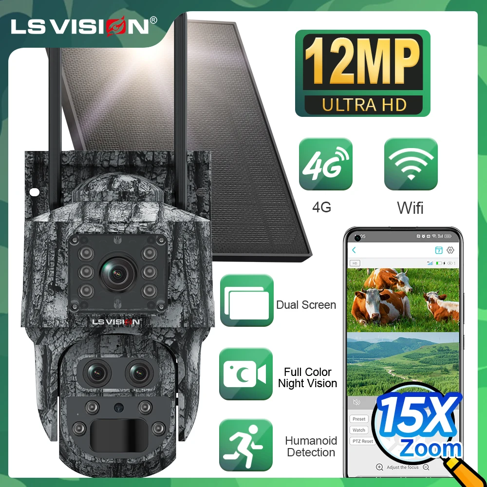 LS VISION 15X Zoom 6K Solar Camera 4G LTE Hunting Camera12MP Three Lens WIFI Night Vision IP66 Wildlife Trail Camera Trap UBox