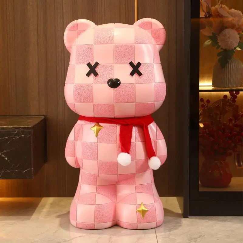 Creative Modern Checkered Bear Piggy Bank, Floor-standing Multi-functional Ornament & Decor for Living Room