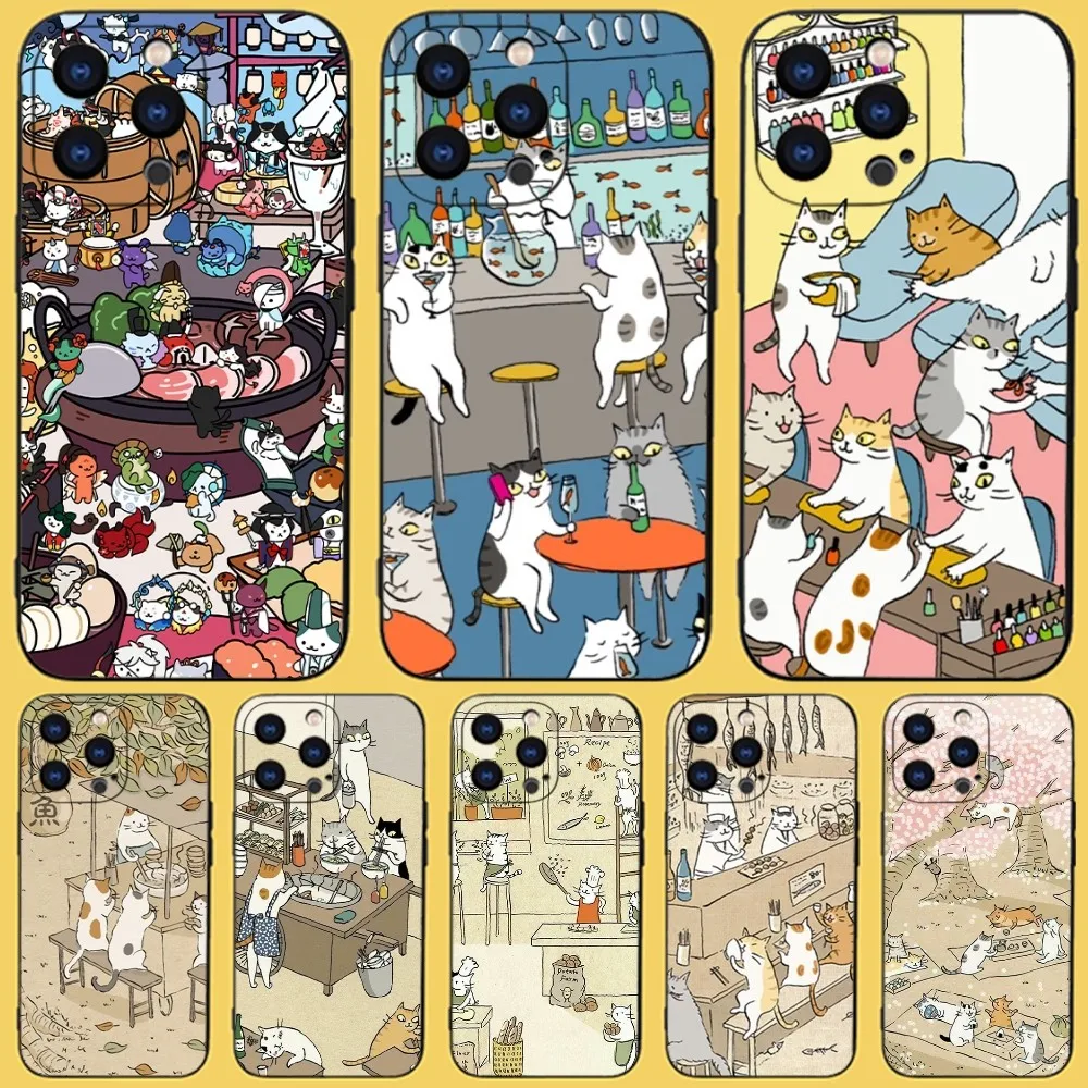 Japanese Cat Drink Pattern Skin Phone Case For iPhone 15,14,13,12,11 Plus,Pro,Max,XR,XS,X,7,8 Plus,SE,Mini Black Silicone Soft