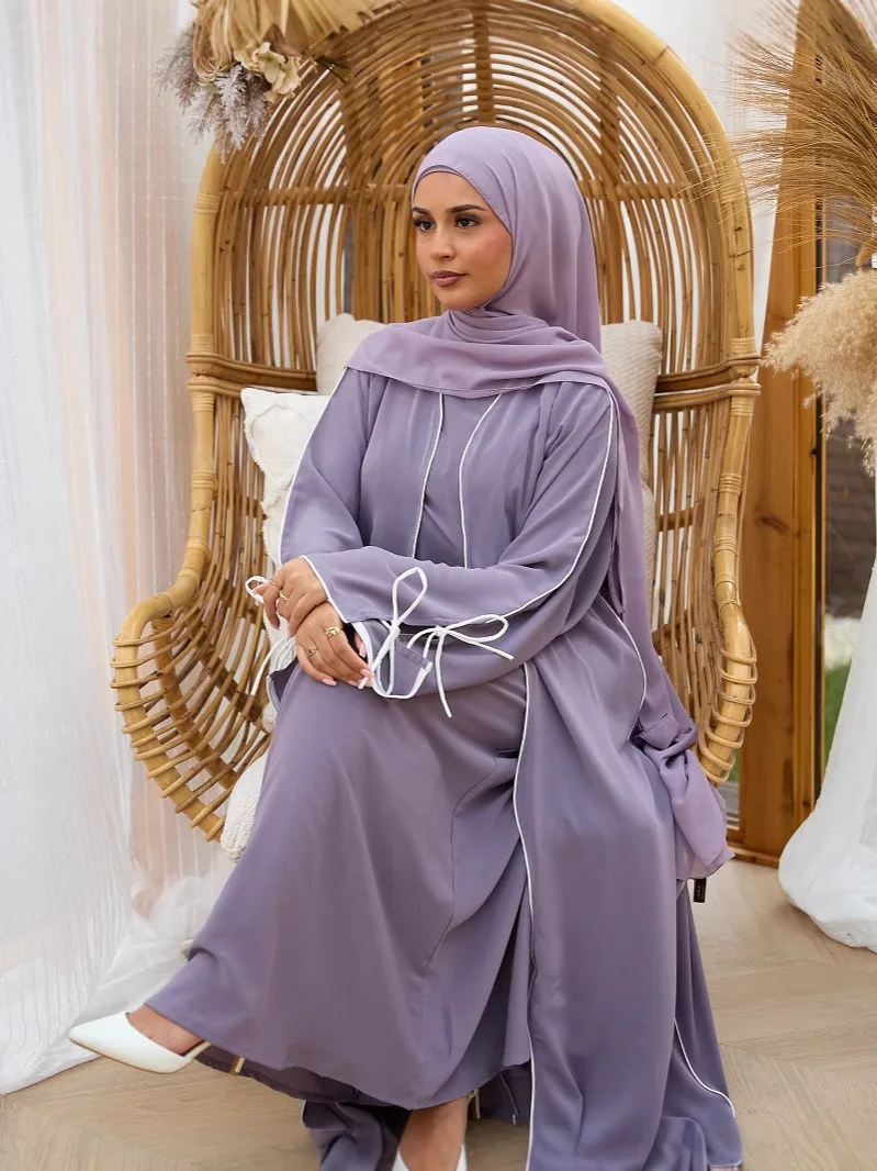 

Eid Bow Muslim Sets for Women Kimono Jalabiya Matching Dress Dubai Open Abaya Turkey Kaftan Islam Clothing Kebaya Robe Caftan