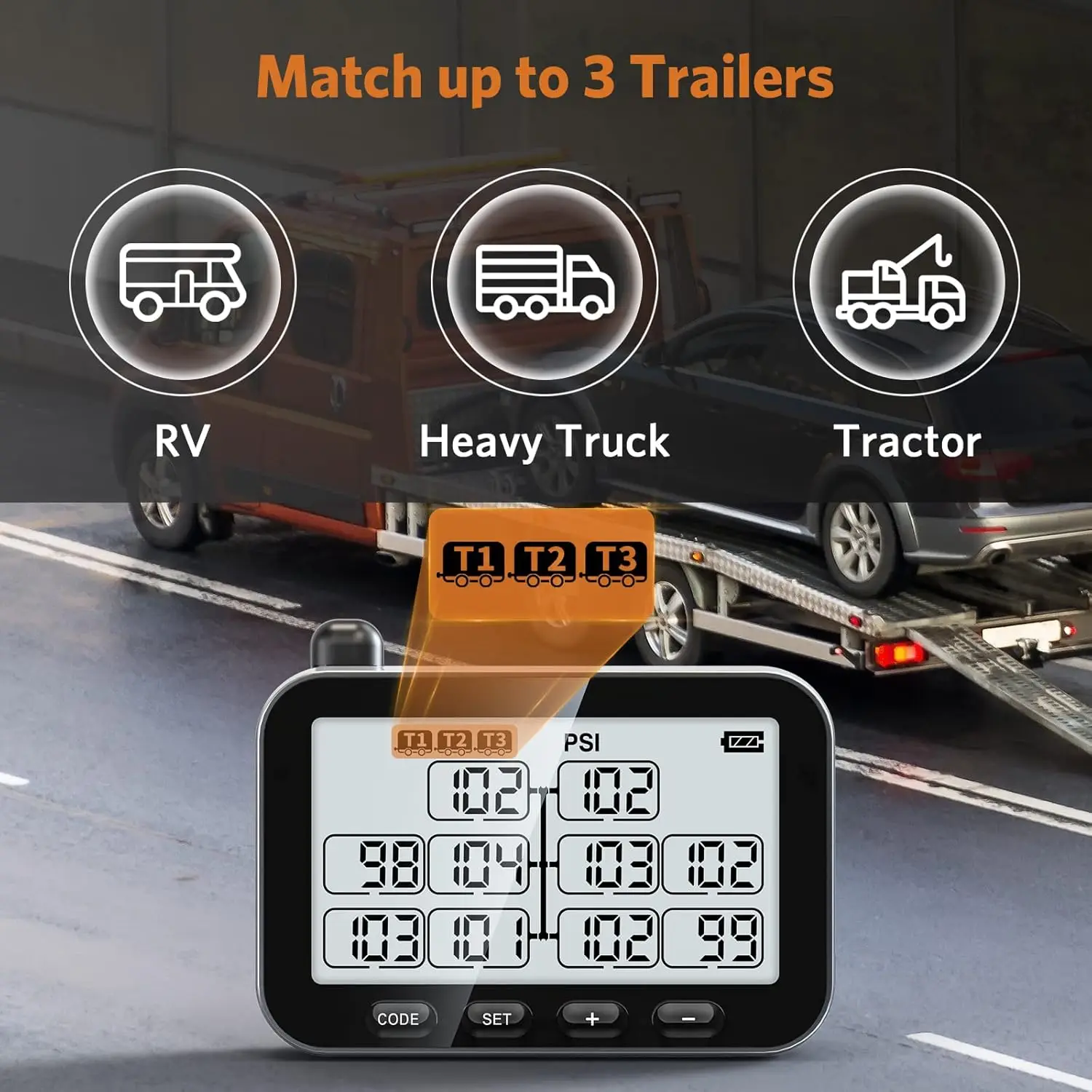 New Trailer Tire Pressure Monitoring System Trailer TPMS with 6 Sensors Long Sensing Distance 3 Trailers (T1/T2/T3)/ RV/Trailer