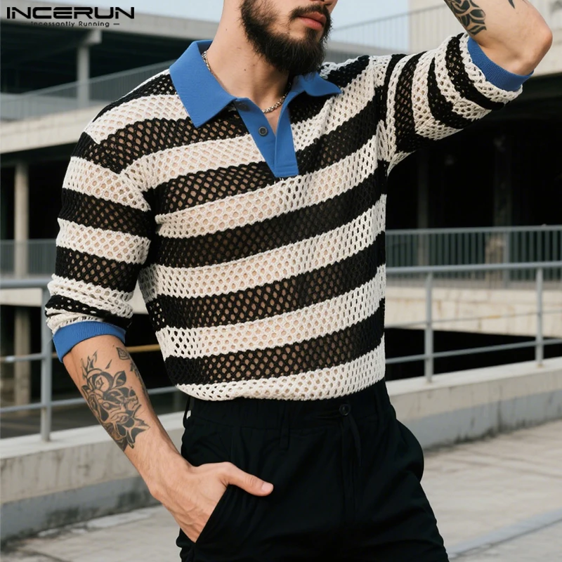 

INCERUN Мужская рубашка в полоску в стиле пэчворк с прозрачными лацканами и половиной рукава, мужские рубашки с вырезами, уличная одежда, топы, модная мужская одежда