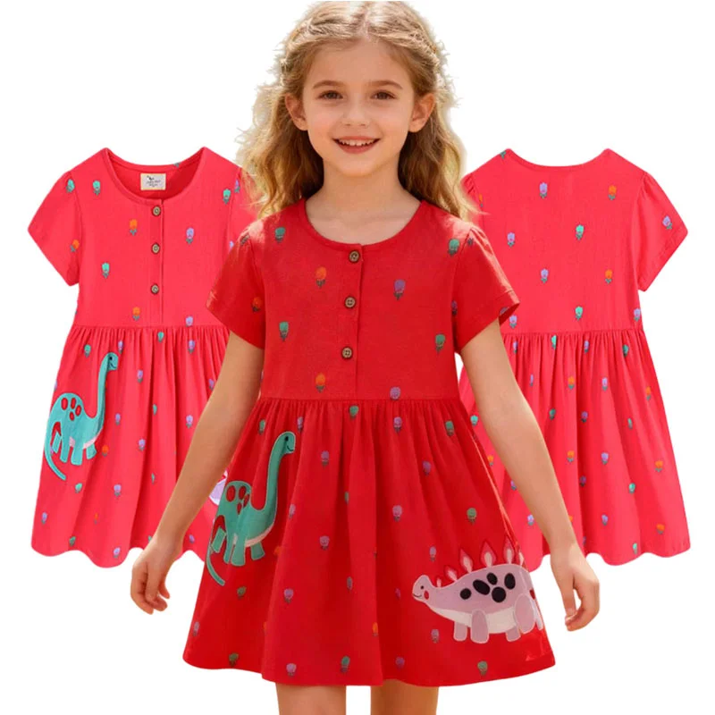 Jumping Meters Dinosaurs Dresses Short Sleeve Princess Animals Embroidery Girls Summer Dress 2-7T Fashion Children's Clothing