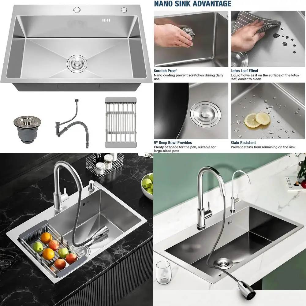 

Stainless Steel Single Bowl Kitchen Sink with Nano Coating, 33 x 19 Topmount Design, Deep 9 Inch, Suitable for Kitchen and Laund