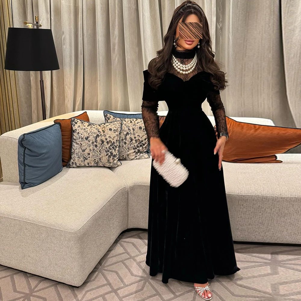

High Quality Black Velour Evening Dress Temperament High Collar Prom Dresses Luxury Lace Long Sleeves Customized Celebrity Gown