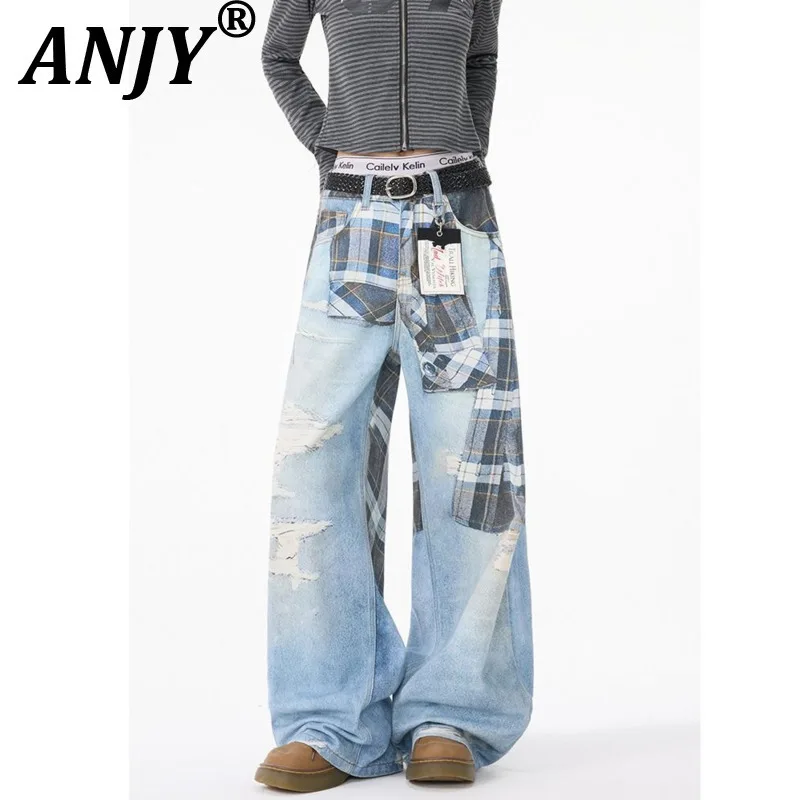 

ANJY Осенние новые женские модные джинсы в европейском уличном стиле в клетку, модные рваные широкие повседневные джинсовые брюки с 3D принтом A12390