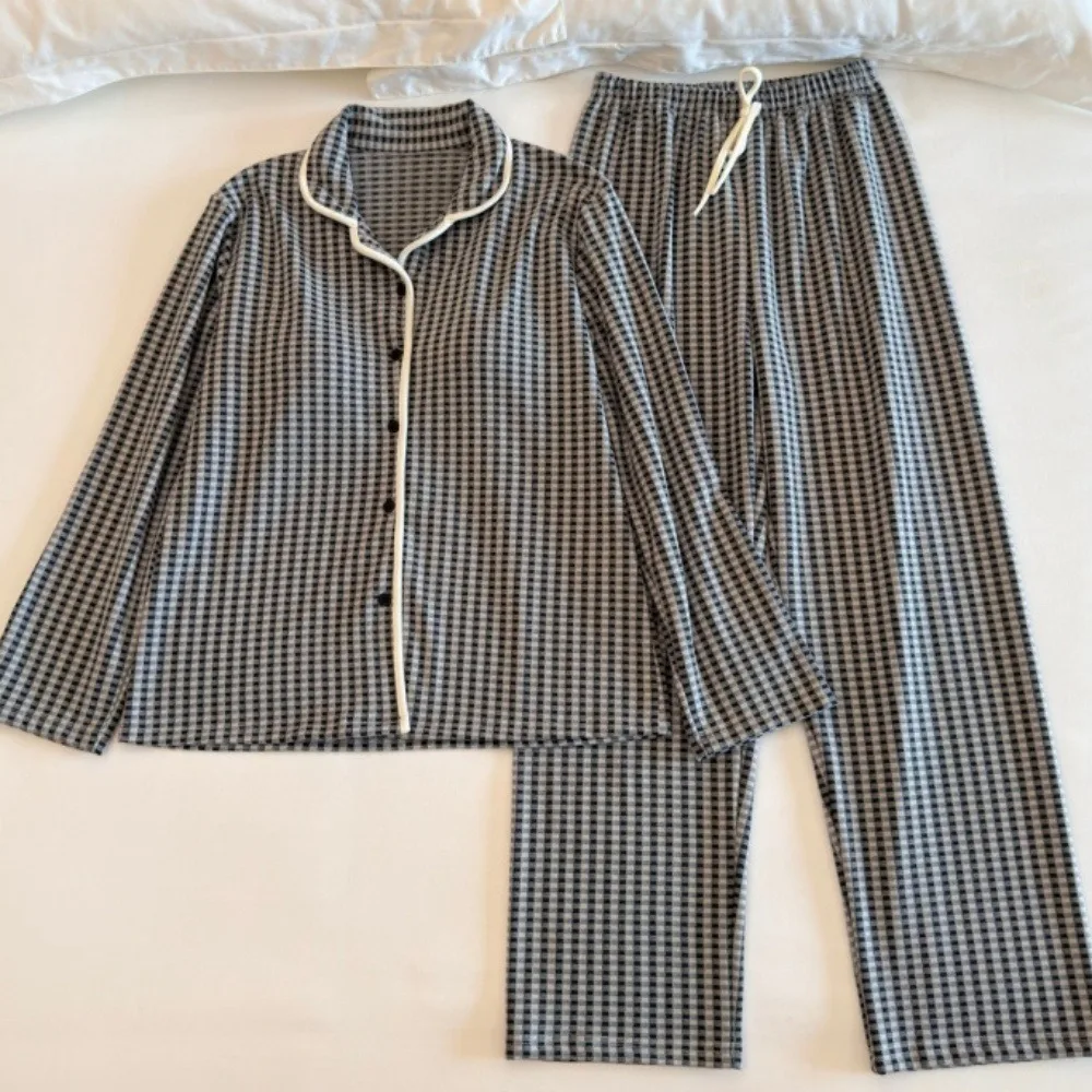 Chest Pad Long Sleeve Tops with Pants 2 Pieces Pjs Pajamas for Women Pyjama Spring Autumn New Sleepwear Suit Nighty for Women's