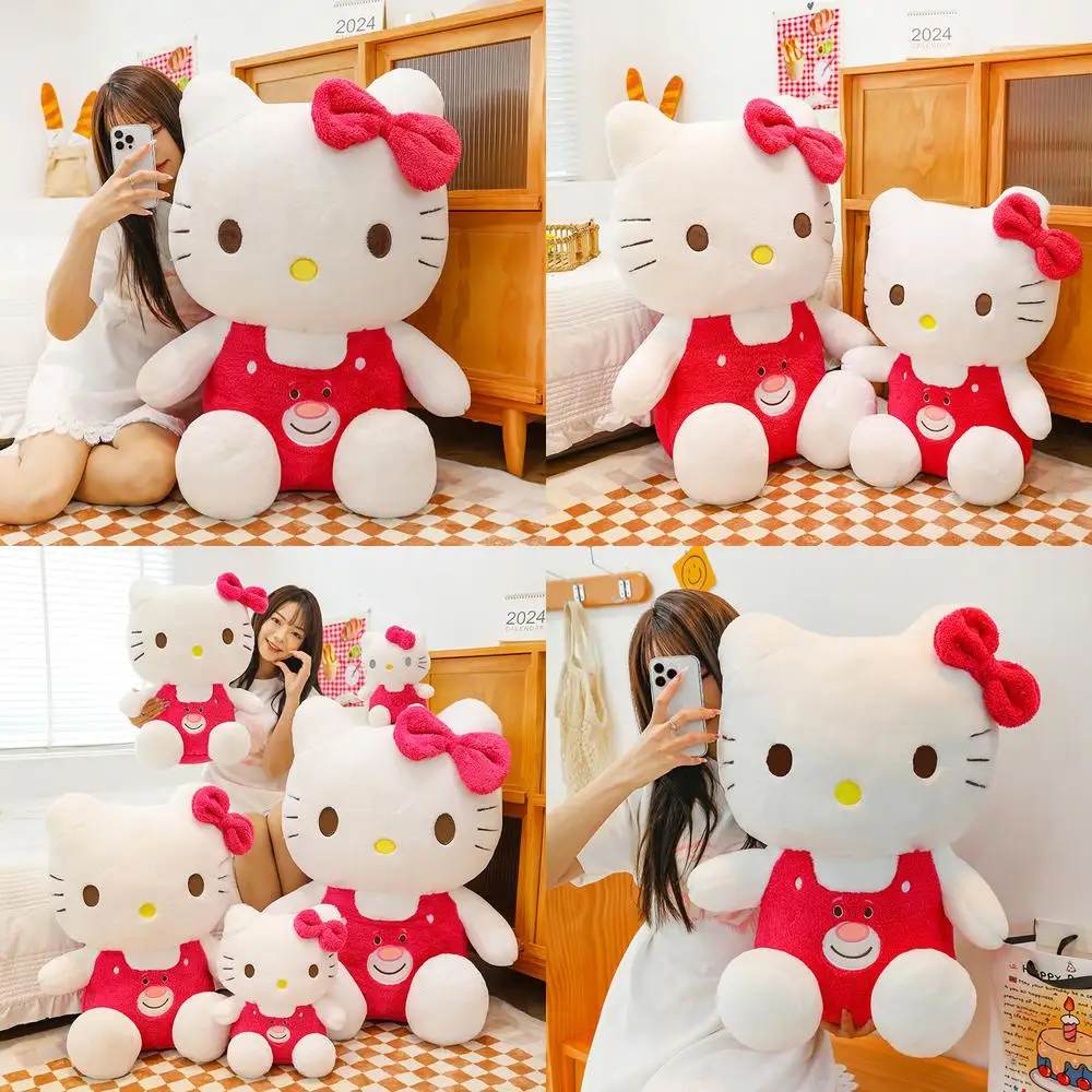 

Kawaii клубничный комбинезон Hello Kitty, плюшевая игрушка, мягкая кукла для детей, подарок на день рождения, мягкая приятная аниме-плюшевая игрушка, большой размер