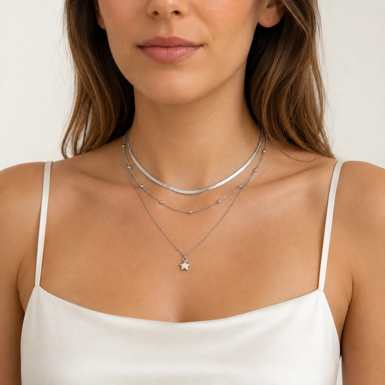 Mit Geschenkbox 3-teiliges versilbertes mehrlagiges Halsketten-Set für Damen, Sternanhänger, Perlenkette, Fischgrät-Choker, trendiges Schmuckgeschenk – Detail 9