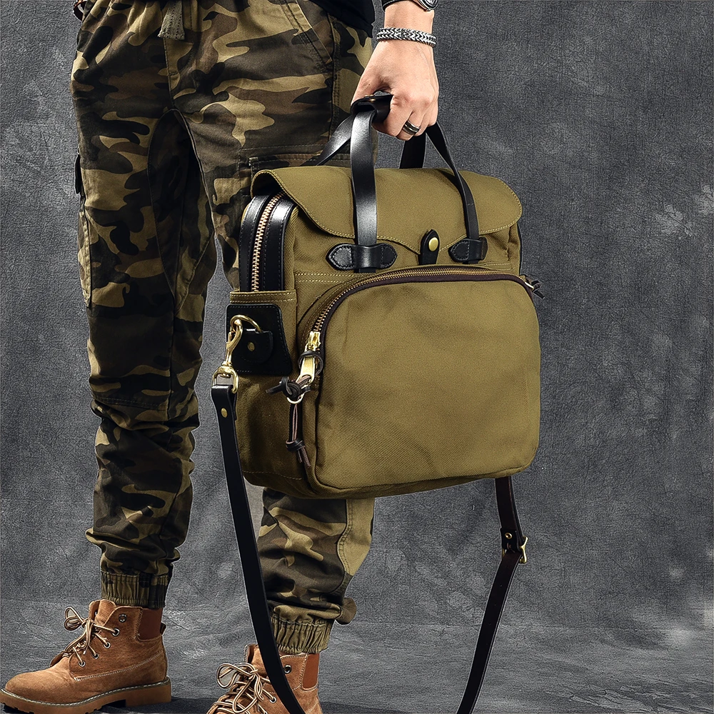 Business vintage high quality canvas genuine leather men\'s briefcase outdoor travel work handbag 15 inch computer messenger bag