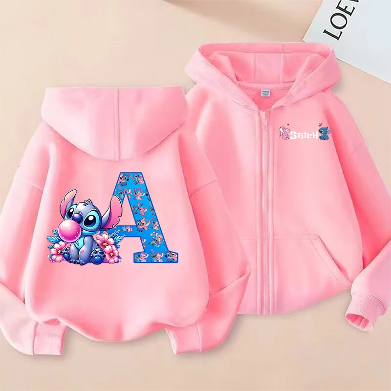 Stitch Disney Felpe con cerniera per bambini Lettere di cartoni animati Felpa per ragazze all'aperto Felpa invernale a maniche lunghe Harajuku Pullover Casual con cappuccio