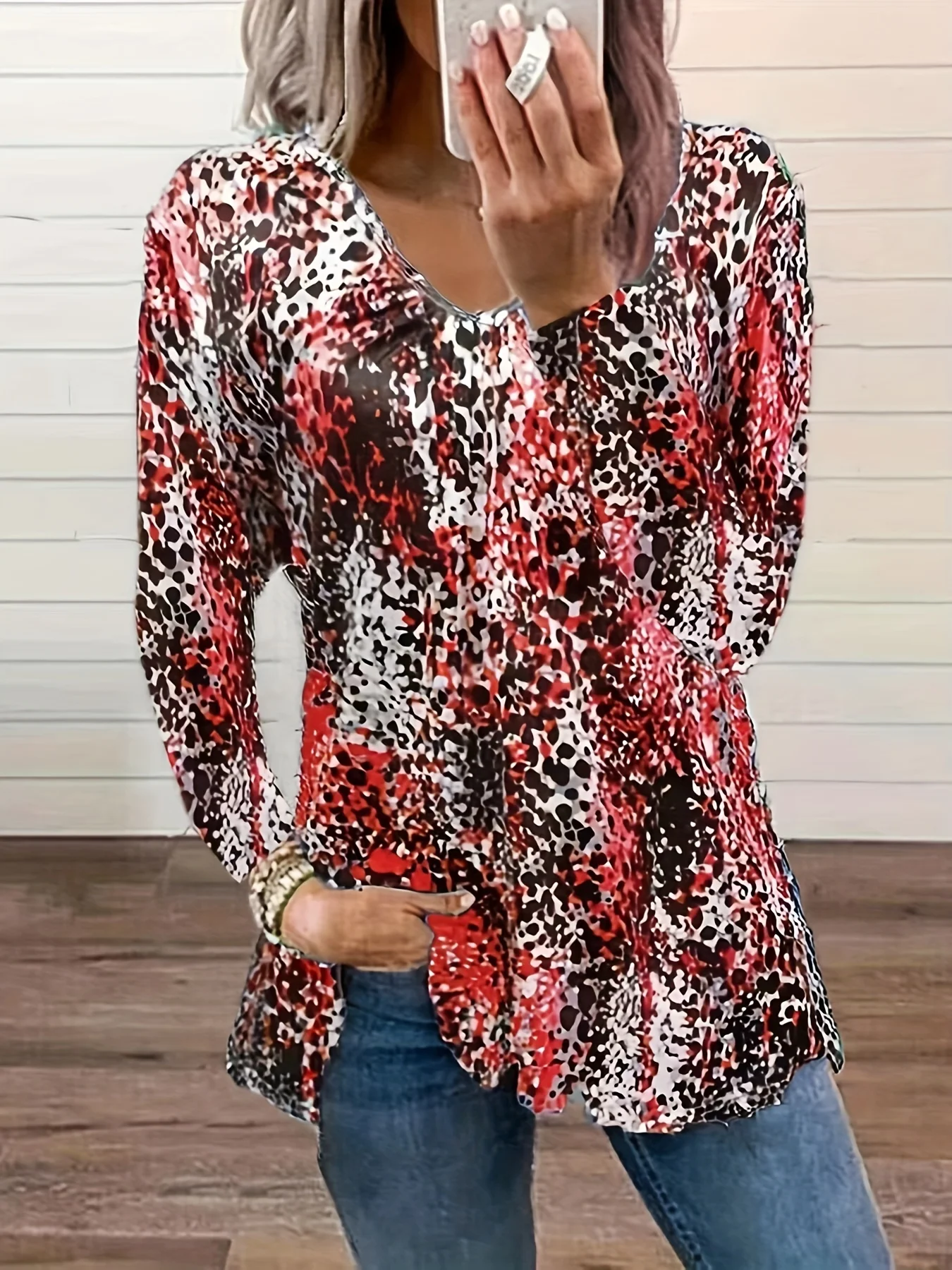 Plus Size Odzież damska Leopard Print V-neck T-shirt Wiosna Lato Jesień Casual Plus-Size Top z długim rękawem Stylowy Wygodny