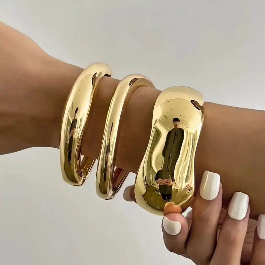 KunJoe 3 Styles Trendy Glossy Irregular Wide Opening Bracelet for Women Hip Hop Geometric Stackable Wide Spring Bangle Lady Gift