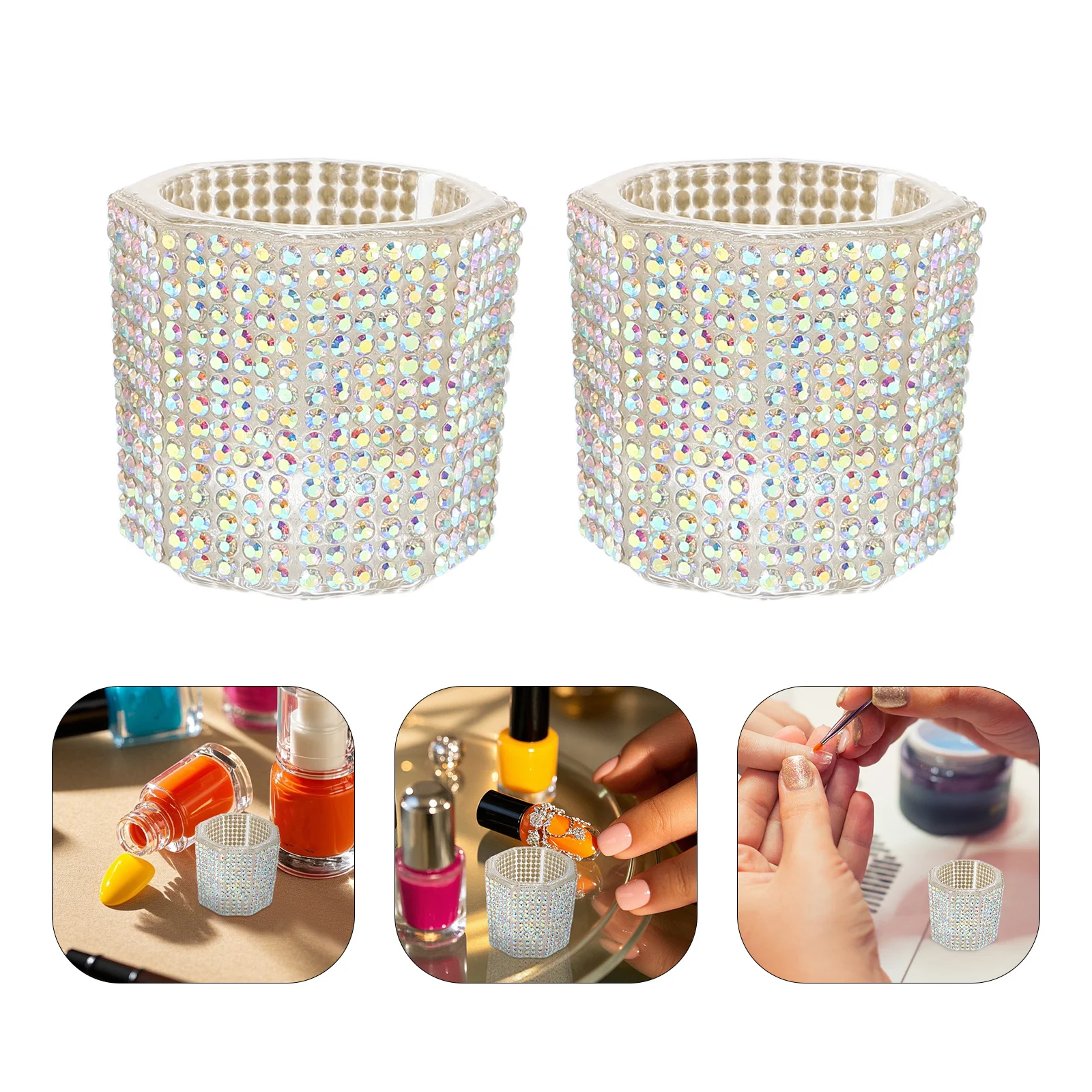

3Pcs Nail Art Brush Washing Cups Rhinestone Crystal Octagonal Design Multi-Functional Manicure Tools Professional Personal Use