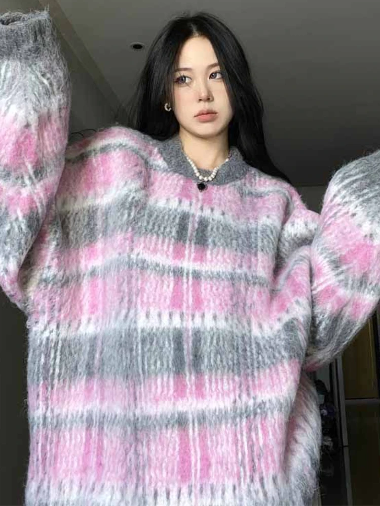 

Sweater Pullovers Women Korean Style Vintage Soft Casual Patchwork College Girls Loose Autumn Harajuku Knitwear Fashion Ins Chic