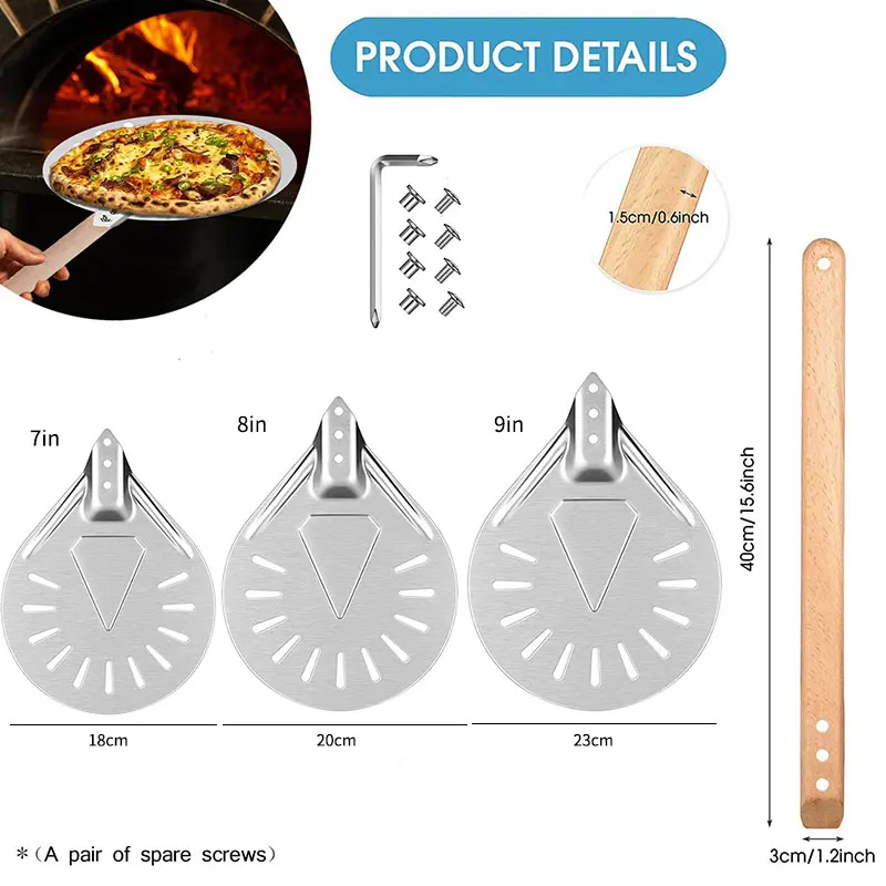 7/8/9 Inch Aluminum Perforated Pizza Peel Metal Round Pizza Paddle Non Slip Wooden Handle Pizza Spatula Shovel Baking Tools