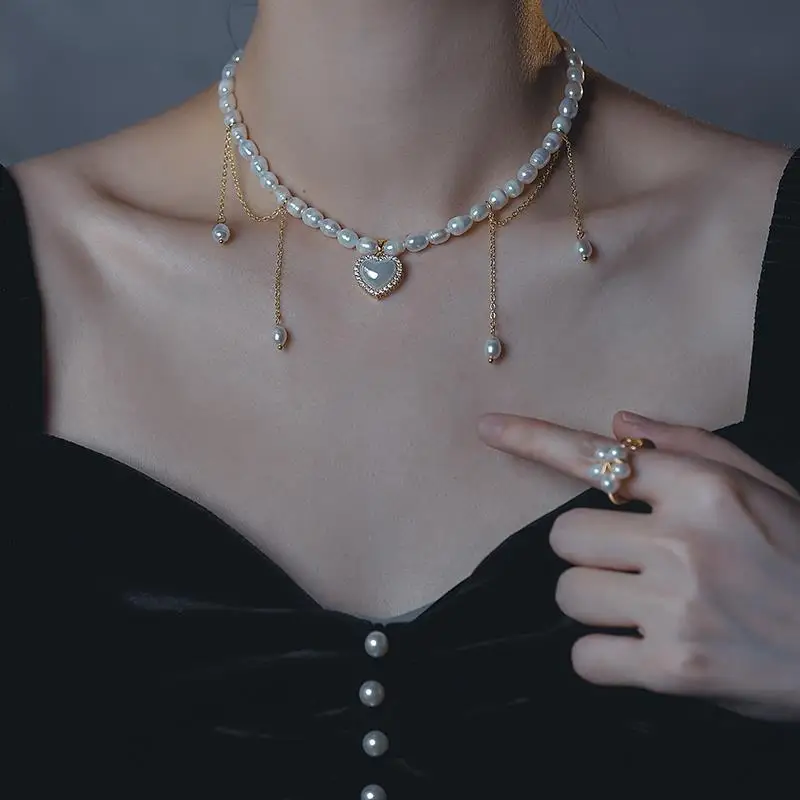 

Romantic Love Heart Crystal Tassel Design Natural Freshwater Pearl 14K Gold Filled Female Pendant Necklace Jewelry For Women