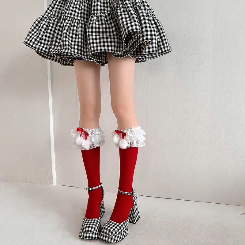 Christmas Pom Pom Lace Trim Lolita Socks Stylish Kawaii Japanese Style Knee High Long Tube Socks for Harajuku Streetwear