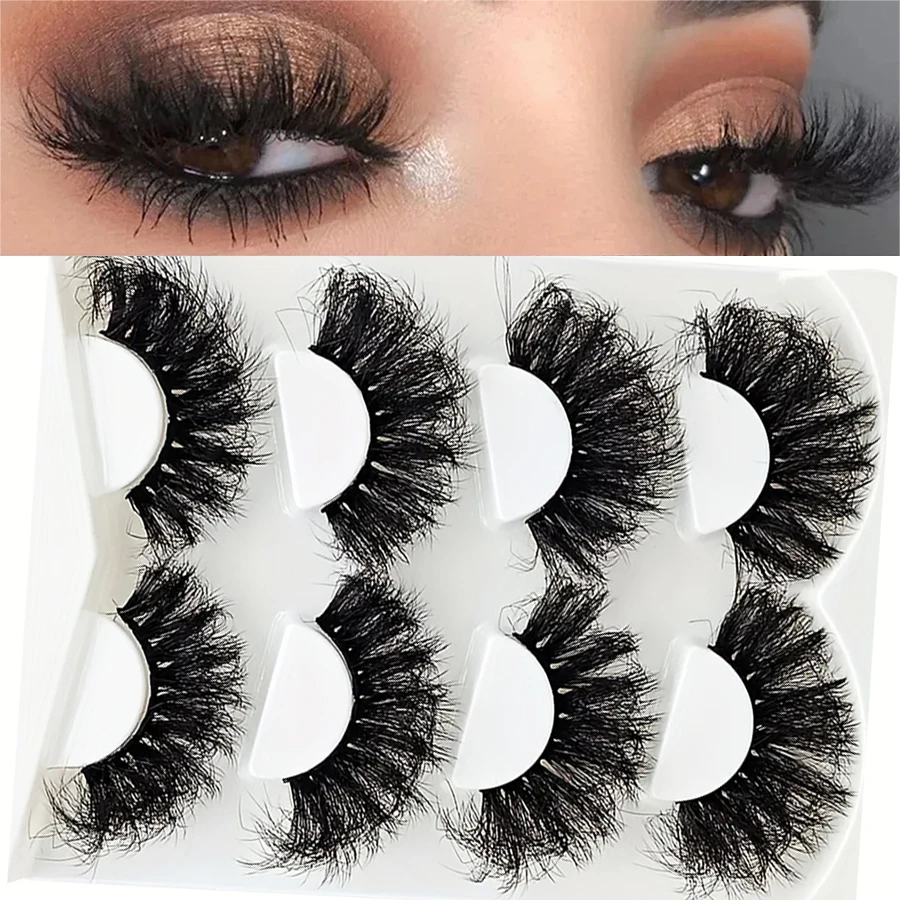 4 paia di ciglia finte soffici e voluminose di alta qualità, che mostrano ciglia accattivanti, disordinate e dall'aspetto spesso
