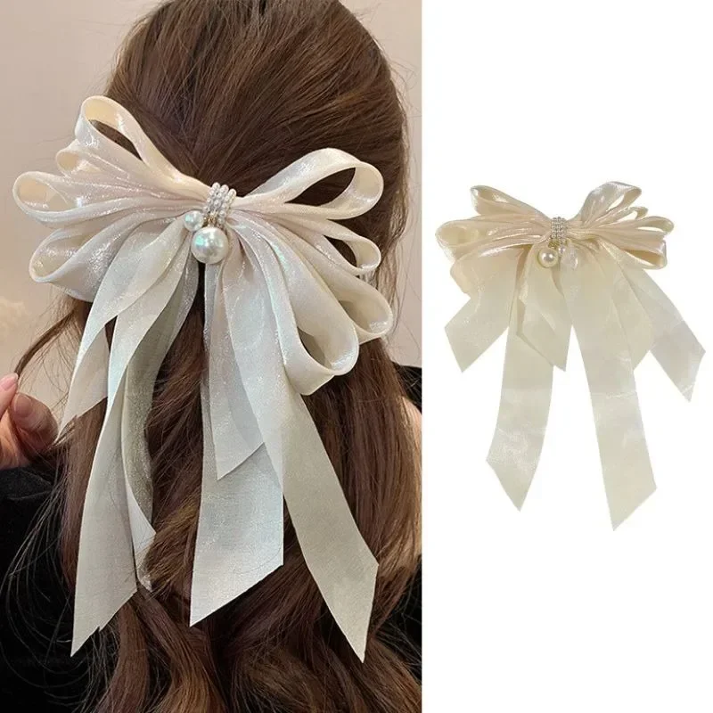 Fermaglio per capelli con fiocco di perle da donna grande bowknot macchia forcina mollette per ragazze tinta unita coda di cavallo clip accessori