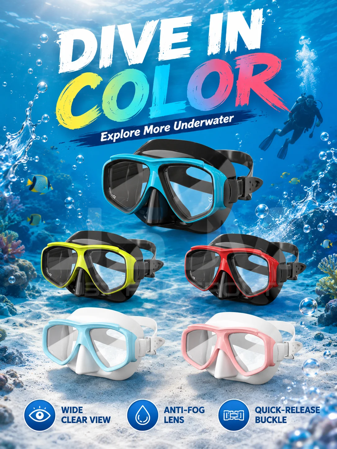 JSJM New Scuba Diving Mask Tempered Glass Anti-Fog Wide View Silicone Skirt Adjustable Strap Snorkeling Swimming Mask for Adults