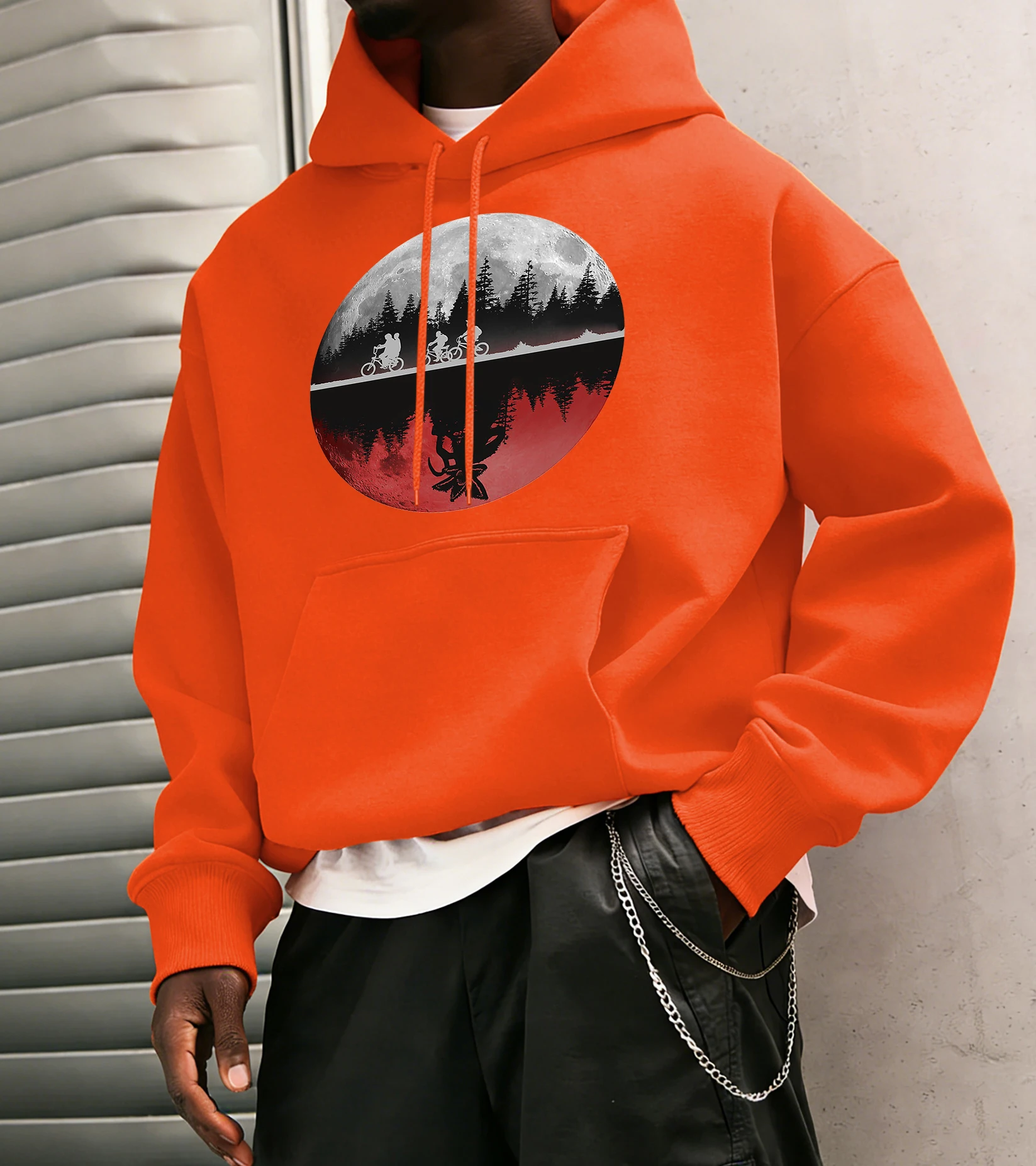Stranger Bicycle Sticker Print Men Retro Hoodies Pocket Loose Casual Sweatshirt Fashion Long Sleeve Autumn Warm Fleece Clothing
